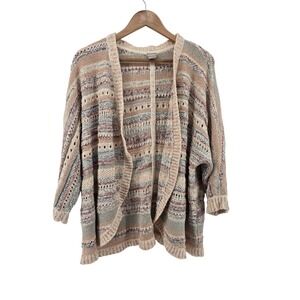 Chicos Open Front Cardigan Sweater 3 XL Beige Multi Color Striped Knit Metallic
